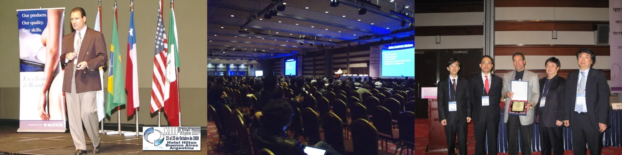 Dr. Perez lecturing at international plastic surgery congresses, and receiving recognition in Seoul
